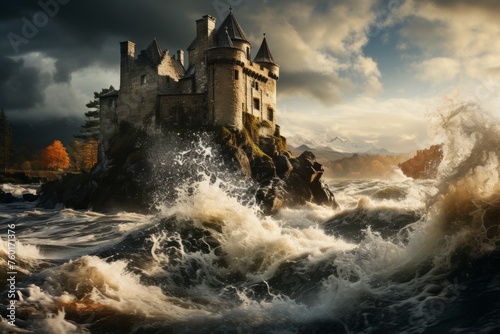 A castle on a rock in the ocean, waves surrounding it under a cloudy sky © yuchen