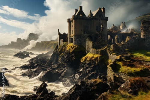 A castle perched on a rocky cliff, high above the water, under a dramatic sky