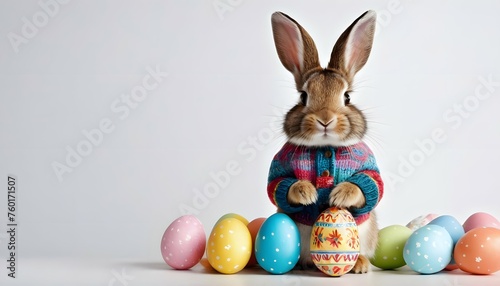 Cute easter rabbit in sweater holding an easter egg with eggs on the floor on a white background with copy space © LilithArt
