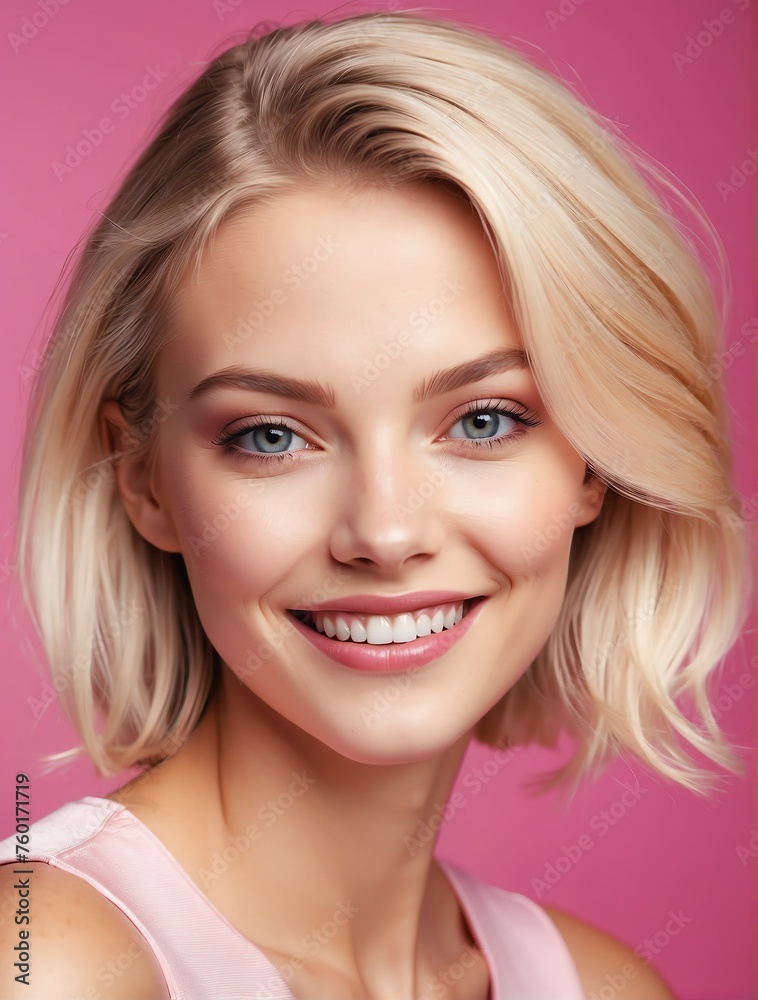 Bright Pink background Portrait of asian smiling beautiful woman with smooth clean face glowing skin youth skin care ad concept from Generative AI Bright Pink background Portrait of asian smiling beautiful woman with smooth clean face glowing skin youth skin care ad concept from Generative AI