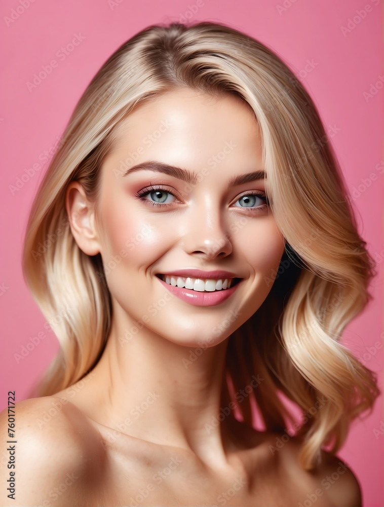 Bright Pink background Portrait of asian smiling beautiful woman with smooth clean face glowing skin youth skin care ad concept from Generative AI Bright Pink background Portrait of asian smiling beautiful woman with smooth clean face glowing skin youth skin care ad concept from Generative AI