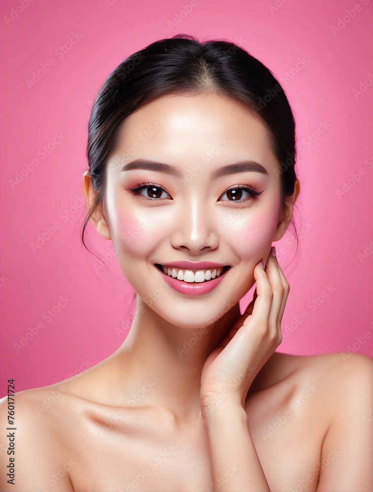 Bright Pink background Portrait of asian smiling beautiful woman with smooth clean face glowing skin youth skin care ad concept 8 from Generative AI Bright Pink background Portrait of asian smiling beautiful woman with smooth clean face glowing skin youth skin care ad concept 8 from Generative AI