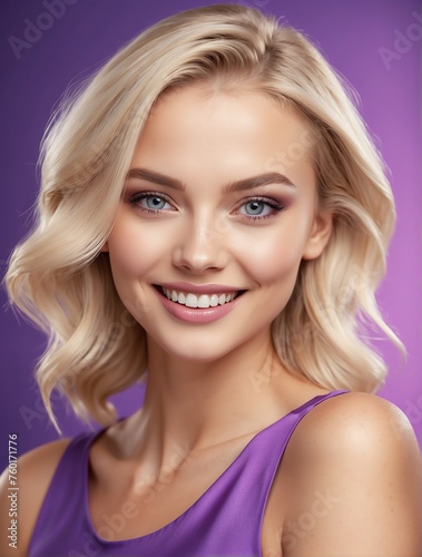 Bright Purple background Portrait of blonde caucasian smiling beautiful woman with smooth clean face glowing skin youth skin care ad concept from Generative AI © Arceli