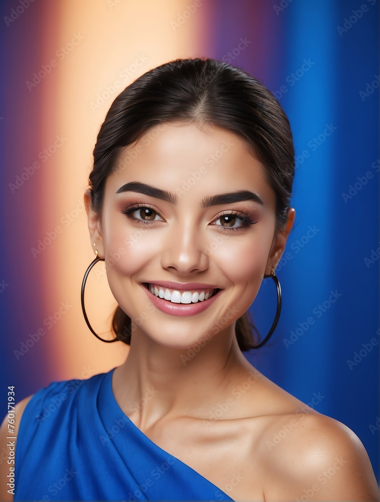 Bright Royal Blue background Portrait of hispanic mexican smiling beautiful woman with smooth clean face glowing skin youth skin care ad concept from Generative AI Bright Royal Blue background Portrait of hispanic mexican smiling beautiful woman with smooth clean face glowing skin youth skin care ad concept from Generative AI