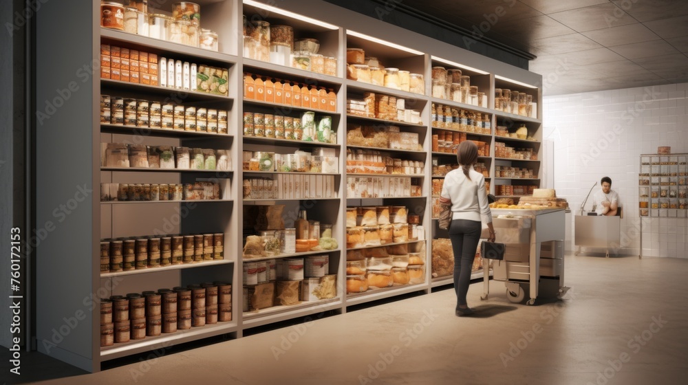 Pristine and modern pantry storage with a woman pushing a cart picking items from the shelves