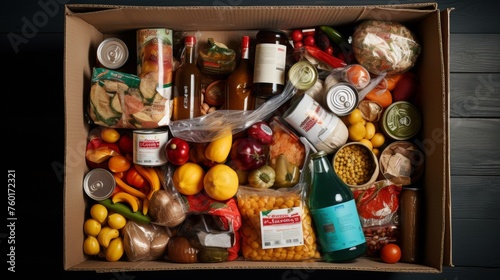 An overhead view of a cardboard box filled with various food items like vegetables, canned food, and bottles