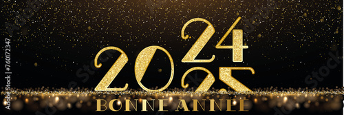 carte ou bandeau pour souhaiter une Bonne Année 2025 en or sur un fond noir avec des paillettes de couleur or et des ronds en effet bokeh et le 2024 passant au 2025 photo