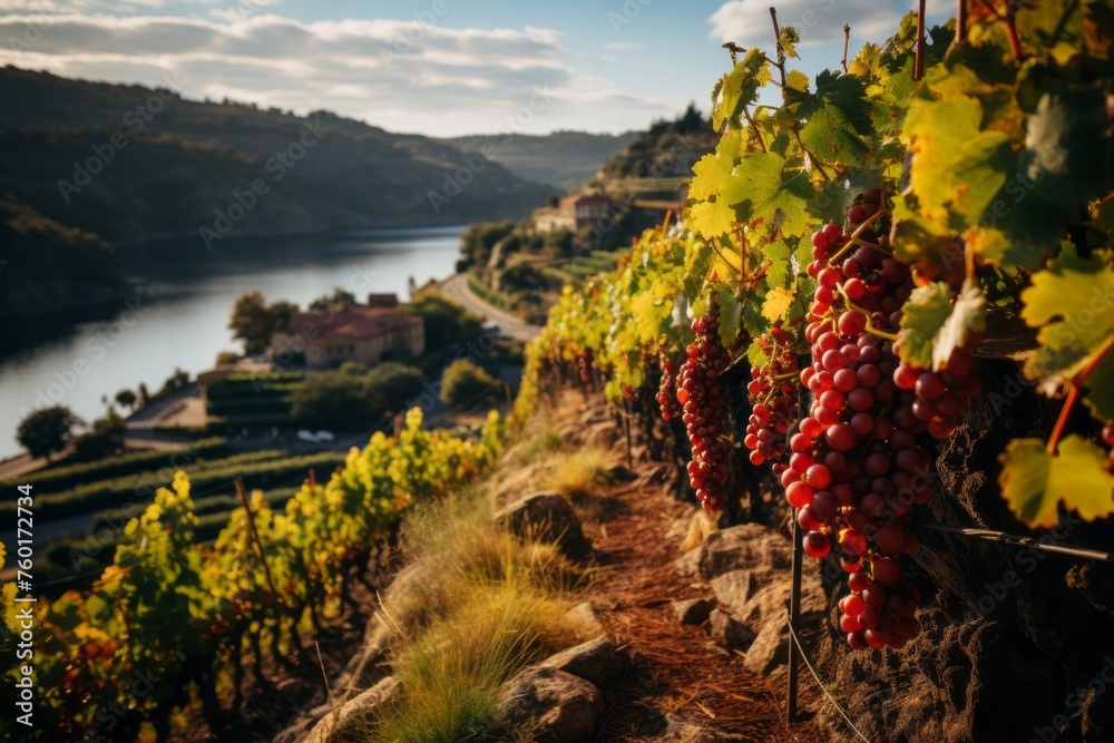 Grapes thrive by the river under the sky and mountains