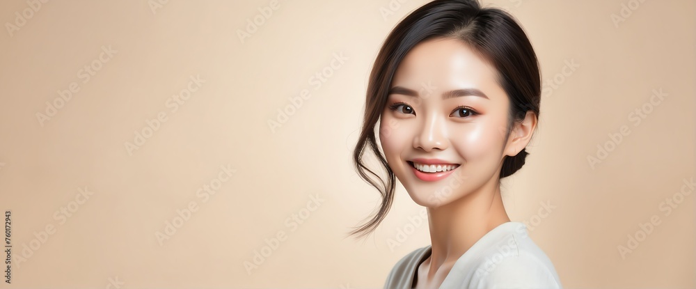 Bright Beige background Portrait of asian smiling beautiful woman with smooth clean face glowing skin youth skin care ad concept from Generative AI Bright Beige background Portrait of asian smiling beautiful woman with smooth clean face glowing skin youth skin care ad concept from Generative AI