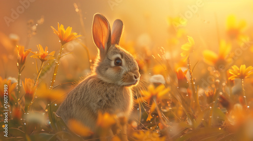 A curious brown rabbit sits amidst colorful blooming flowers in a springtime meadow.