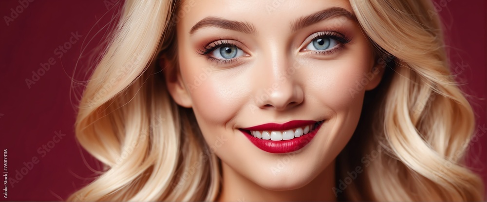 Fototapeta premium Bright Burgundy Red background Portrait of blonde caucasian smiling beautiful woman with smooth clean face glowing skin youth skin care ad concept from Generative AI