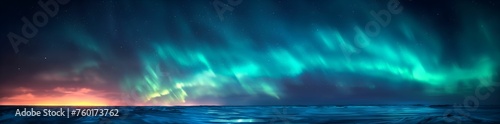Northern lights and Winter landscape with mountains and forest. Aurora borealis with starry in the night sky. Fantastic Winter Epic Magical Landscape. Gaming RPG background © Abstract51