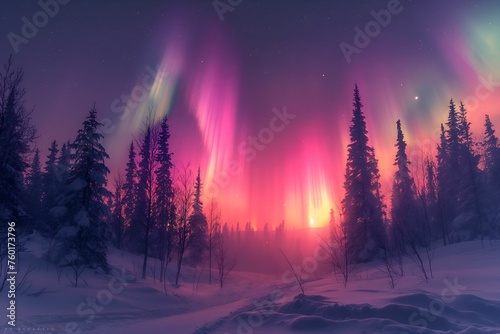 Northern lights above snow trees. Winter landscape with mountains and forest. Aurora borealis with starry in the night sky. Fantastic Winter Epic Magical Landscape. Gaming RPG background © Abstract51