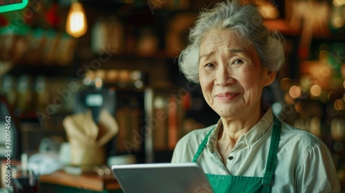 Portrait of a happy coffee shop worker with a tablet 
