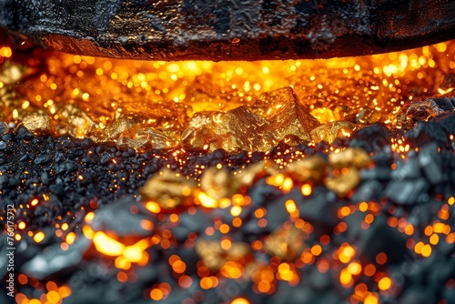 Close-up of Glowing Hot Metal Pieces in Foundry  Industrial Steel Production  Smelting Process with Sparks and Flares