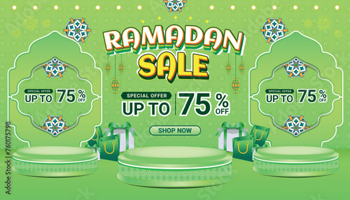 Banner Ramadan mubarak sale green social media background template 4