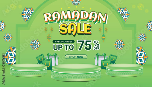 Banner Ramadan mubarak sale green social media background template