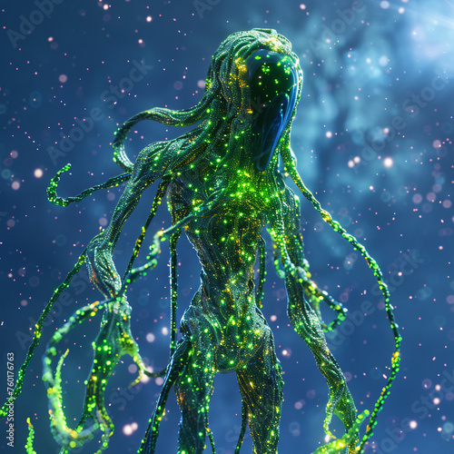 Animated 3D monster with luminous skin and tentacles neon green