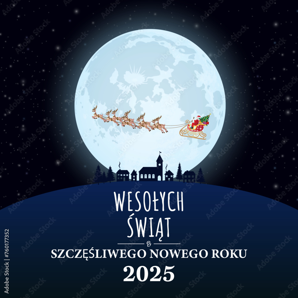 karta lub baner z życzeniami Wesołych Świąt i Szczęśliwego Nowego Roku 2025 w kolorze białym na czarnym tle z księżycem i saniami Świętego Mikołaja przejeżdżającymi z przodu