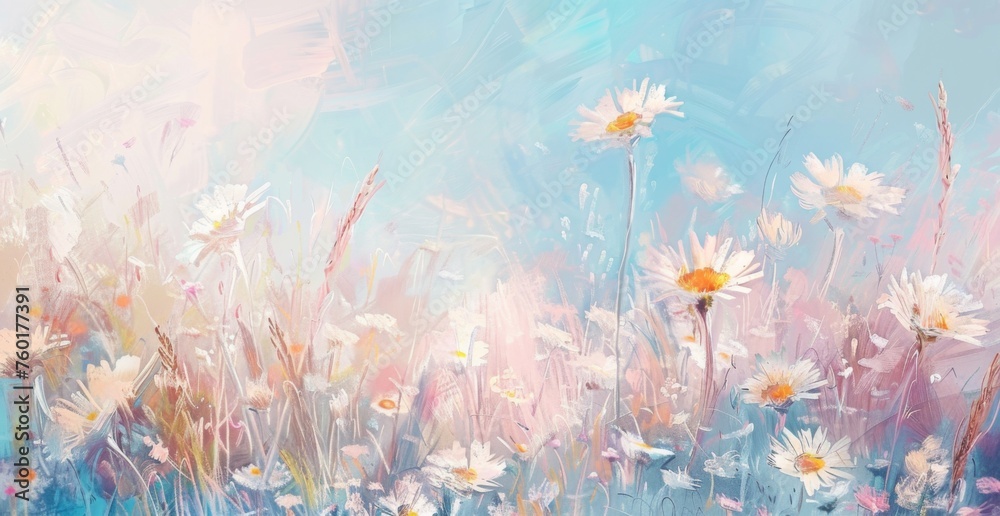 pastel colored field of daises in alcohol style painting, on a white background