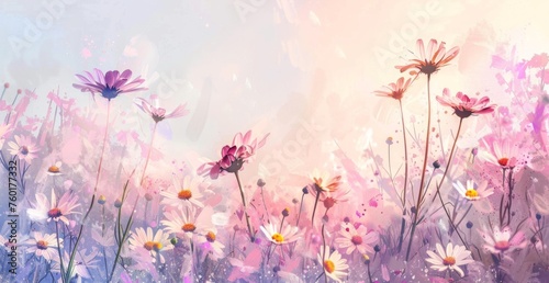 pastel colored field of daises in alcohol style painting, on a white background