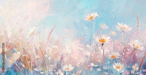 pastel colored field of daises in alcohol style painting  on a white background