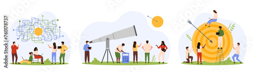 Success business goal and progress in challenge set. Tiny people work with maze of solutions to achieve goal, look at target through telescope, hit bullseye with arrow cartoon vector illustration