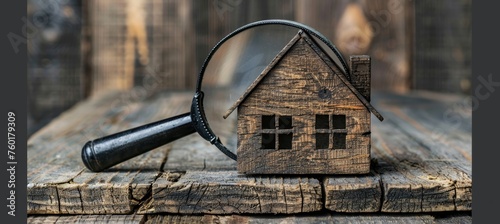 Real estate exploration  house model found under magnifying glass, symbolic search photo