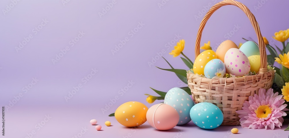 Easter basket filled with decorated eggs among spring flowers on a purple background with copy space