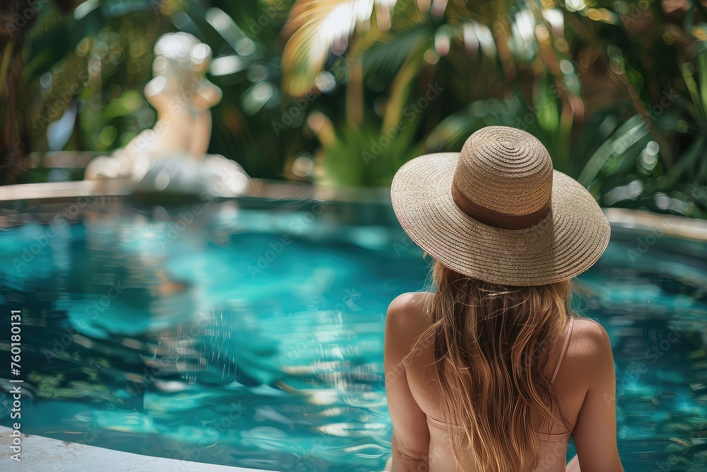A relaxed woman sitting by a private swimming pool, viewed from behind, wearing a wide-brimmed hat, with the pool's clear blue water in front and tropical plants.