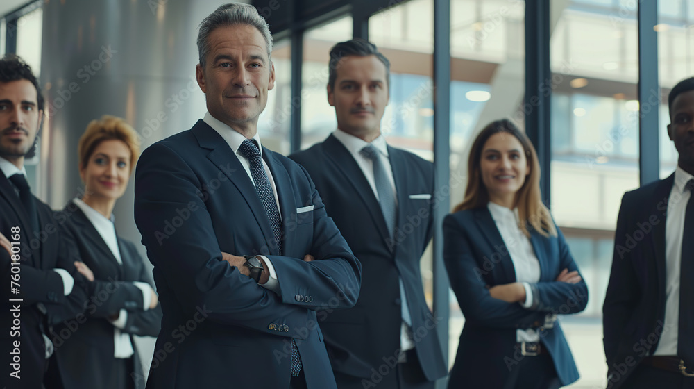 Confident business team posing with it's leader at a corporate office Confident business team posing with it's leader at a corporate office