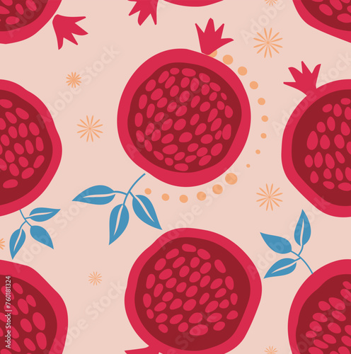 Seamless vector red pomegranate pattern illustration. Vector pomegranate pattern on pink background. Pomegranate wallapaper.