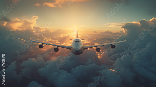 A Jumbo jet airplane flying gracefully through a breathtaking cloudy sky during a vibrant sunset.