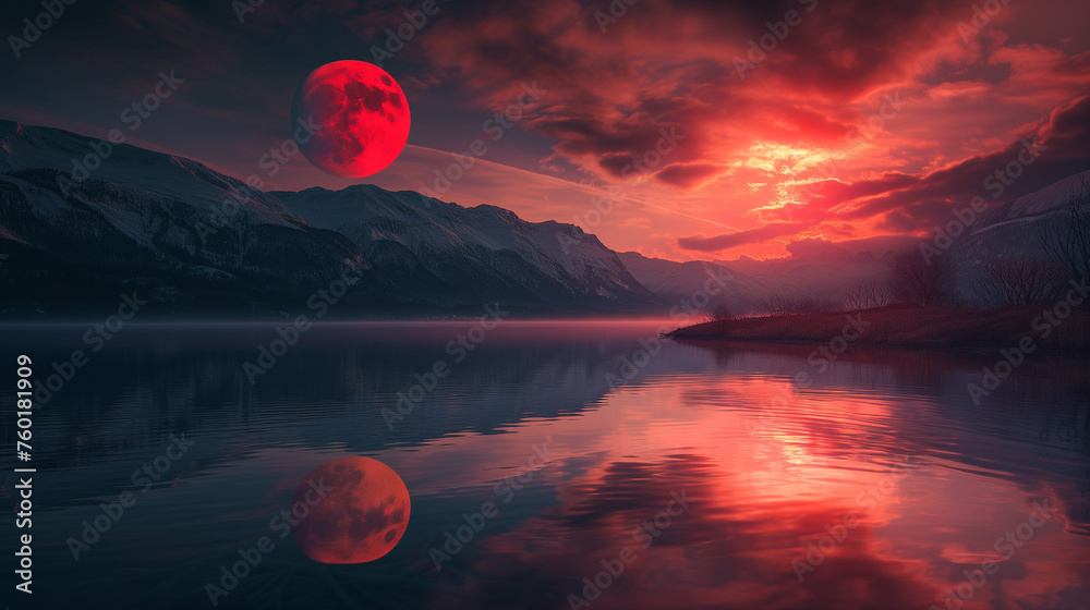Lake landscape with a red moon with reflection, 4K wallpaper Stock