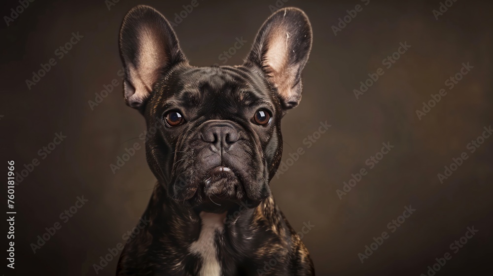 close-up portrait of a brindle french bulldog with attentive gaze