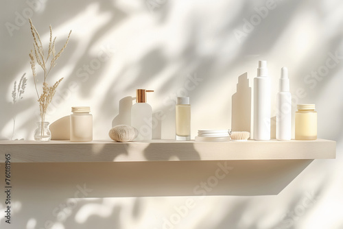 Minimalist Skincare Products Display on Shelf With Natural Light and Shadows