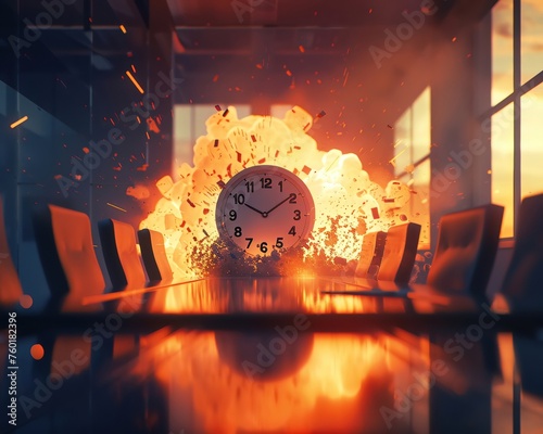 Exploding clock in a boardroom intense action photo