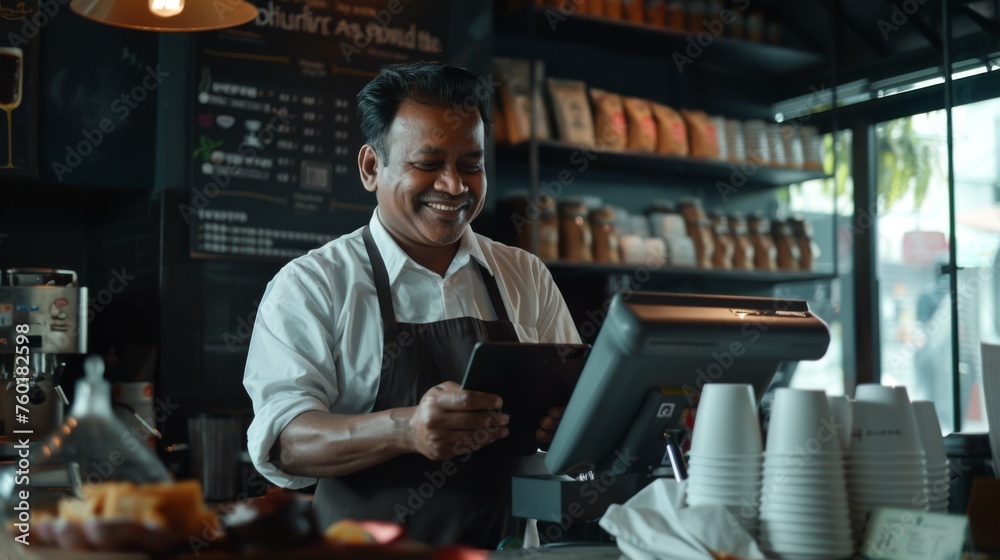 Portrait of a happy coffee shop worker with a tablet Portrait of a happy coffee shop worker with a tablet