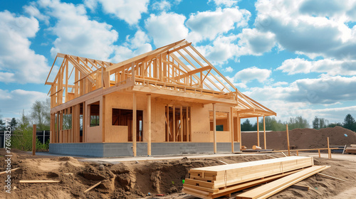 Wooden house under construction. Frame house from boards. Construction of house from wooden beam. © Super Stocks