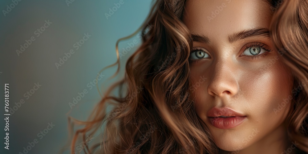 Naklejka premium Background of a woman with long luxurious curly hair. Hair beauty of a woman with healthy curly hair. Hair cosmetics concept.