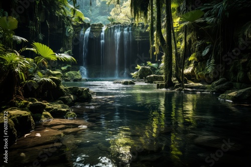 a waterfall in the middle of a lush green forest surrounded by trees and rocks
