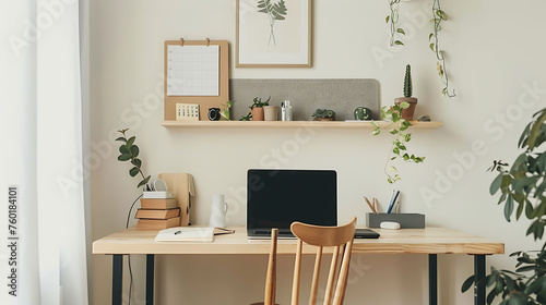 Minimalist office setup featuring a floating shelf desk, a minimalist wooden chair, and a wall-mounted magnetic board for posting reminders