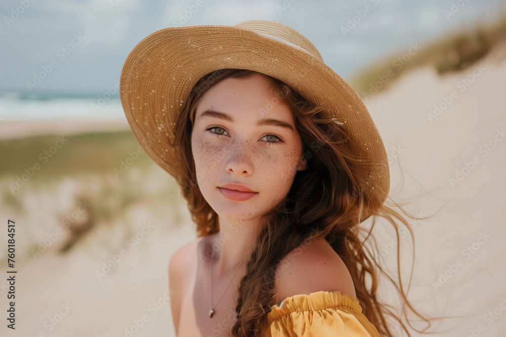 A young beautiful Australian woman, wearing a wide brimmed straw hat on the beach in Queensland, NSW or Victoria. Summer holiday. Sunsmart, sun protection.