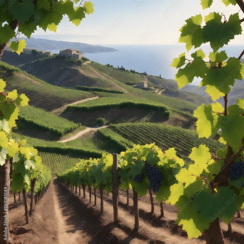 A hillside vineyard with rows of budding grapevines and a distant view of the sea
