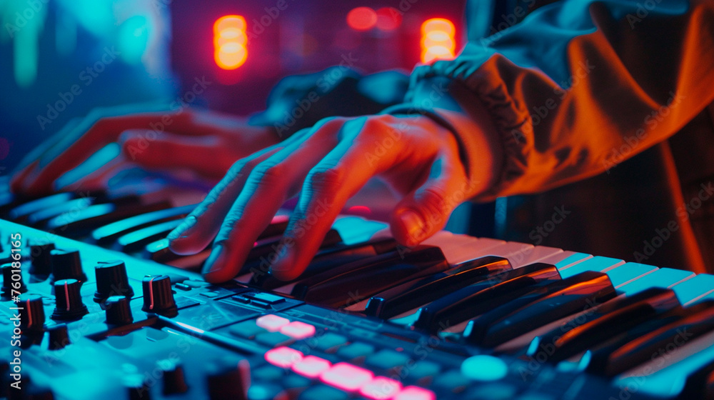 Fototapeta premium hands of musician playing piano in studio, close