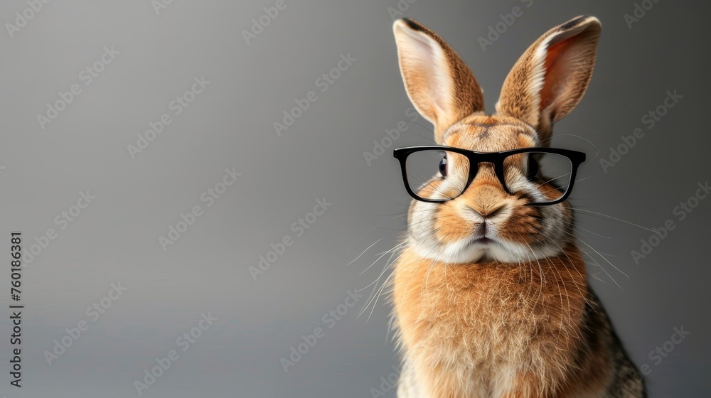 Playful rabbit sporting glasses in a studio setup, presenting a charming image with room for text. - obrazy, fototapety, plakaty 