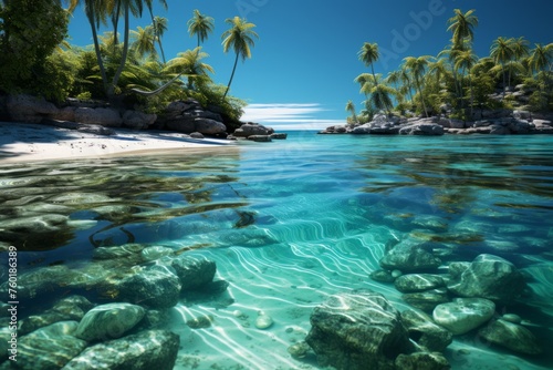 Aqua sky meets azure water at a tropical beach with palm trees and rocks