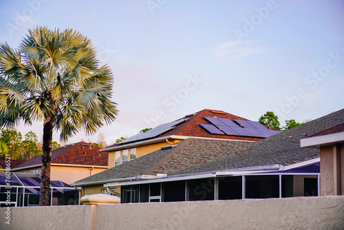 Solar panel on a house roof  Green energy from sun 