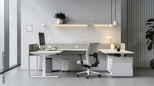 Minimalist office setup with a modular corner desk system, a minimalist rolling chair, and pendant lighting for task illumination