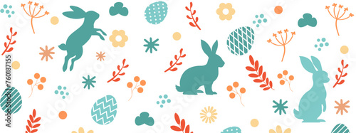Colorful Easter banner with bunnies, eggs and flowers. Vector EPS 10